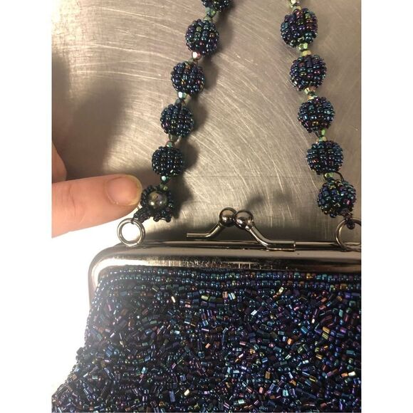 Vintage Sasha Women’s Blue and Purple Heavily Beaded Kiss Lock Evening Formal Ha - Picture 7 of 7